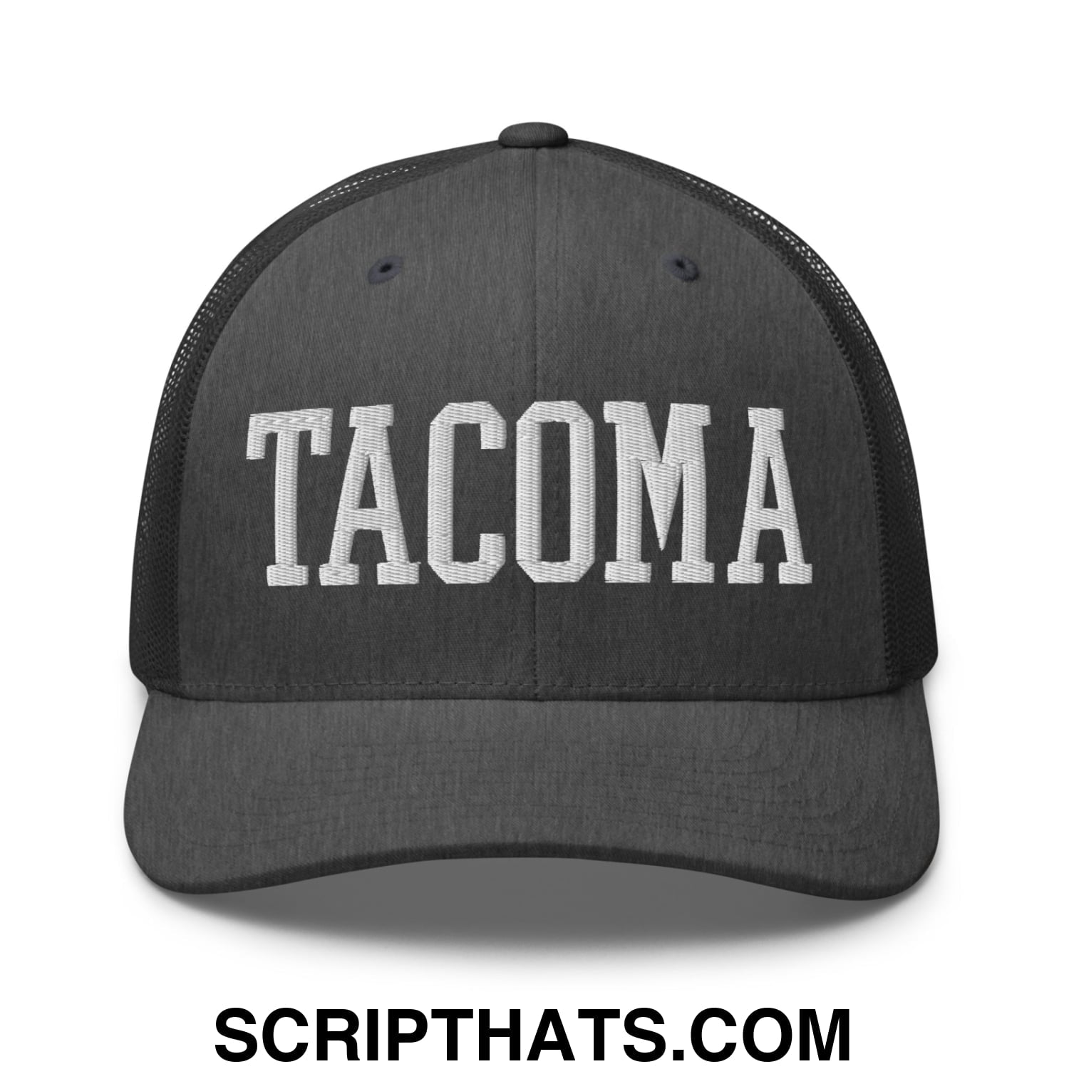 Tacoma Varisty College Block Embroidered Mesh Trucker Hat Dark Heather Gray