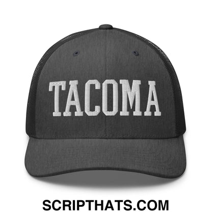 Tacoma Varisty College Block Embroidered Mesh Trucker Hat Dark Heather Gray
