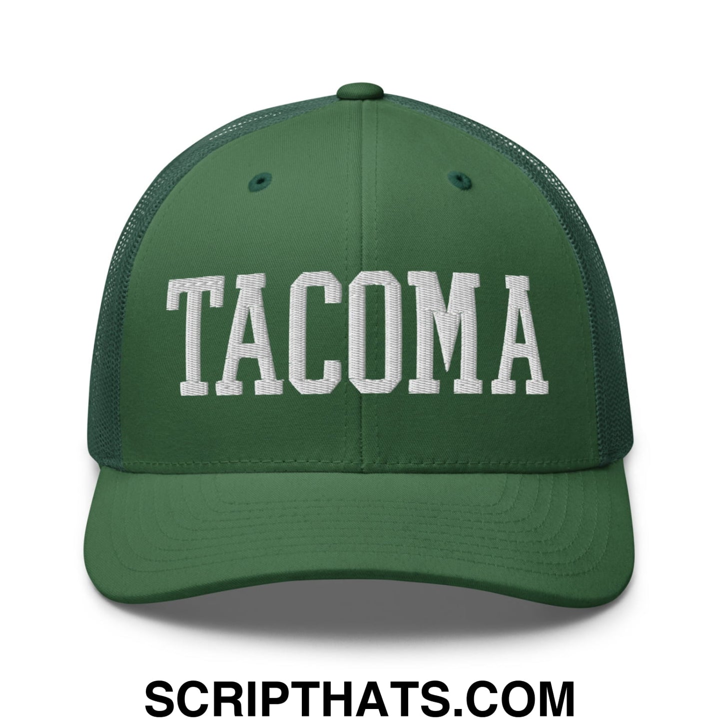 Tacoma Varisty College Block Embroidered Mesh Trucker Hat Evergreen