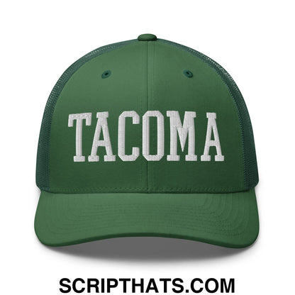 Tacoma Varisty College Block Embroidered Mesh Trucker Hat Evergreen