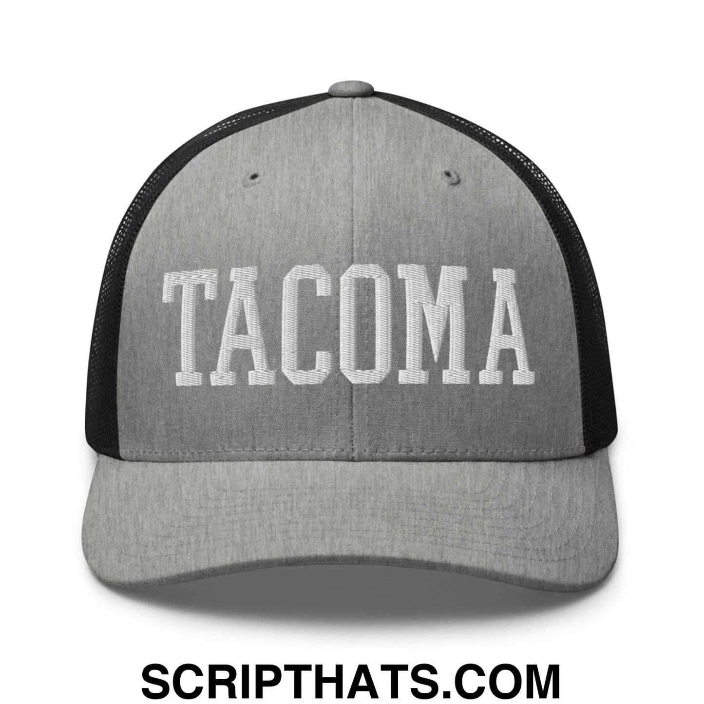 Tacoma Varisty College Block Embroidered Mesh Trucker Hat Heather Black