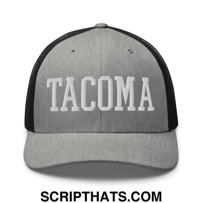 Tacoma Varisty College Block Embroidered Mesh Trucker Hat Heather Black