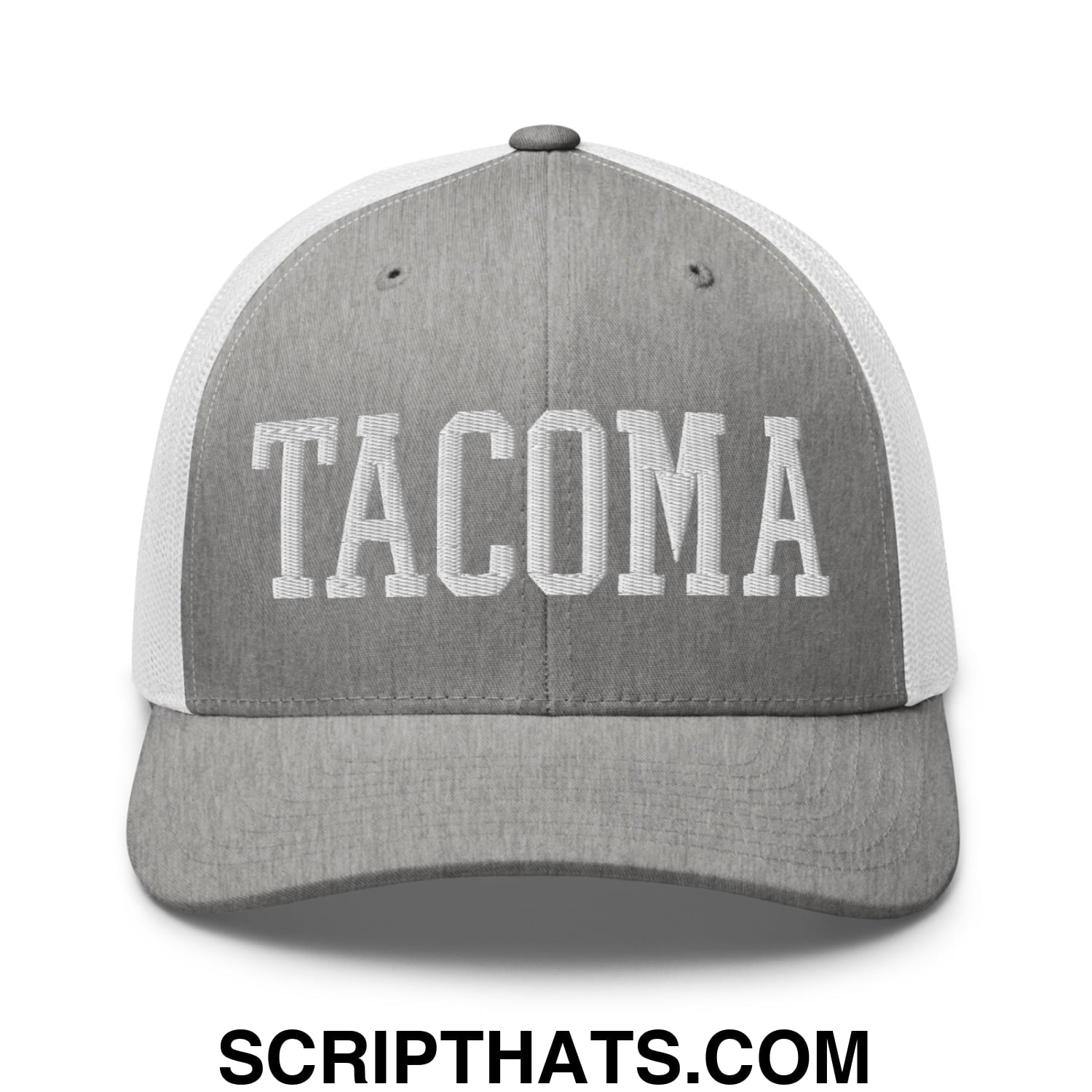 Tacoma Varisty College Block Embroidered Mesh Trucker Hat Heather Grey White