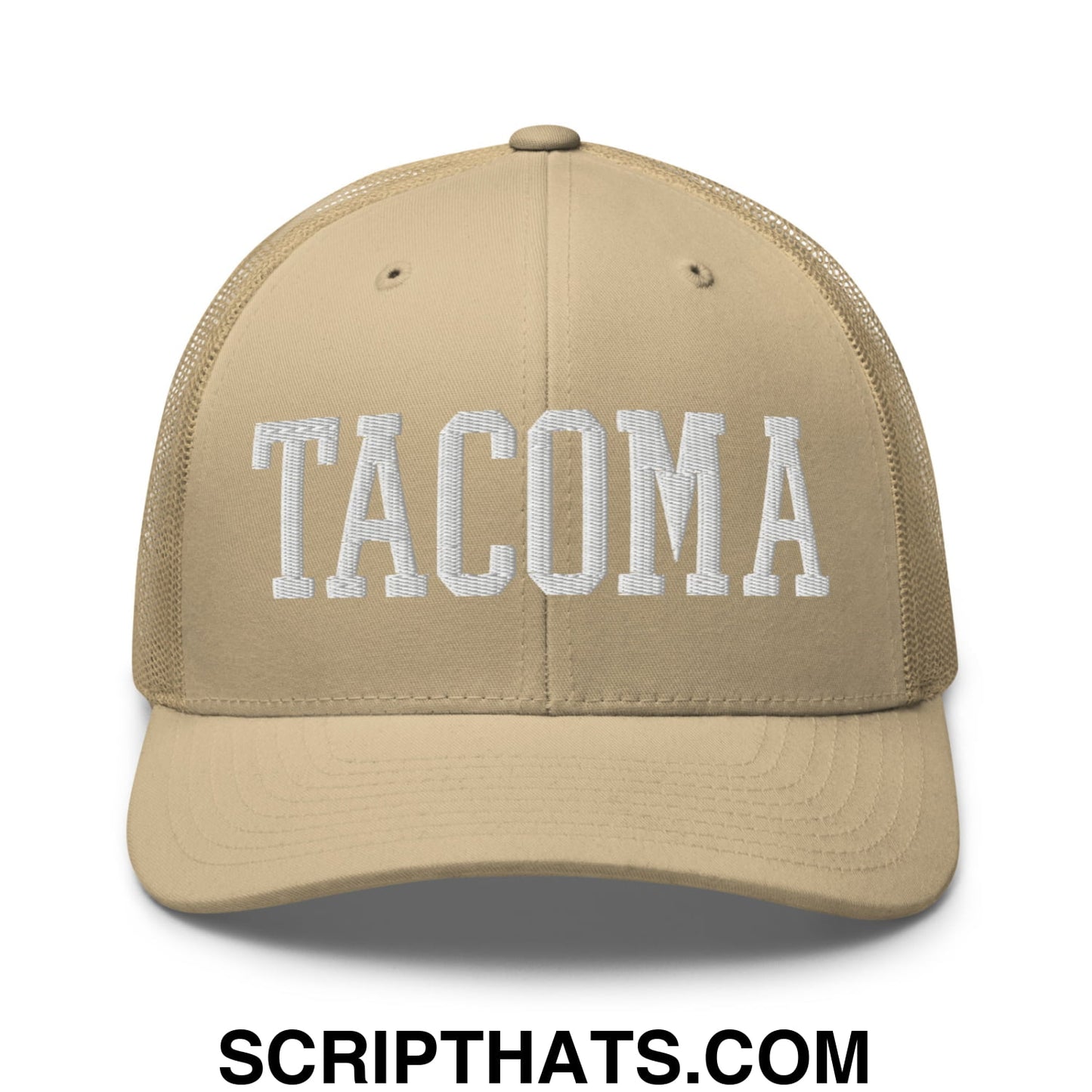 Tacoma Varisty College Block Embroidered Mesh Trucker Hat Khaki