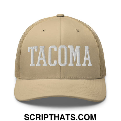 Tacoma Varisty College Block Embroidered Mesh Trucker Hat Khaki