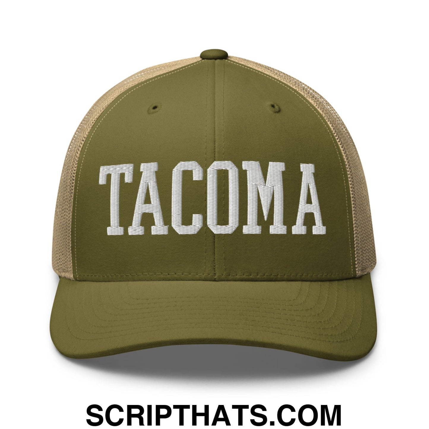 Tacoma Varisty College Block Embroidered Mesh Trucker Hat Moss Khaki