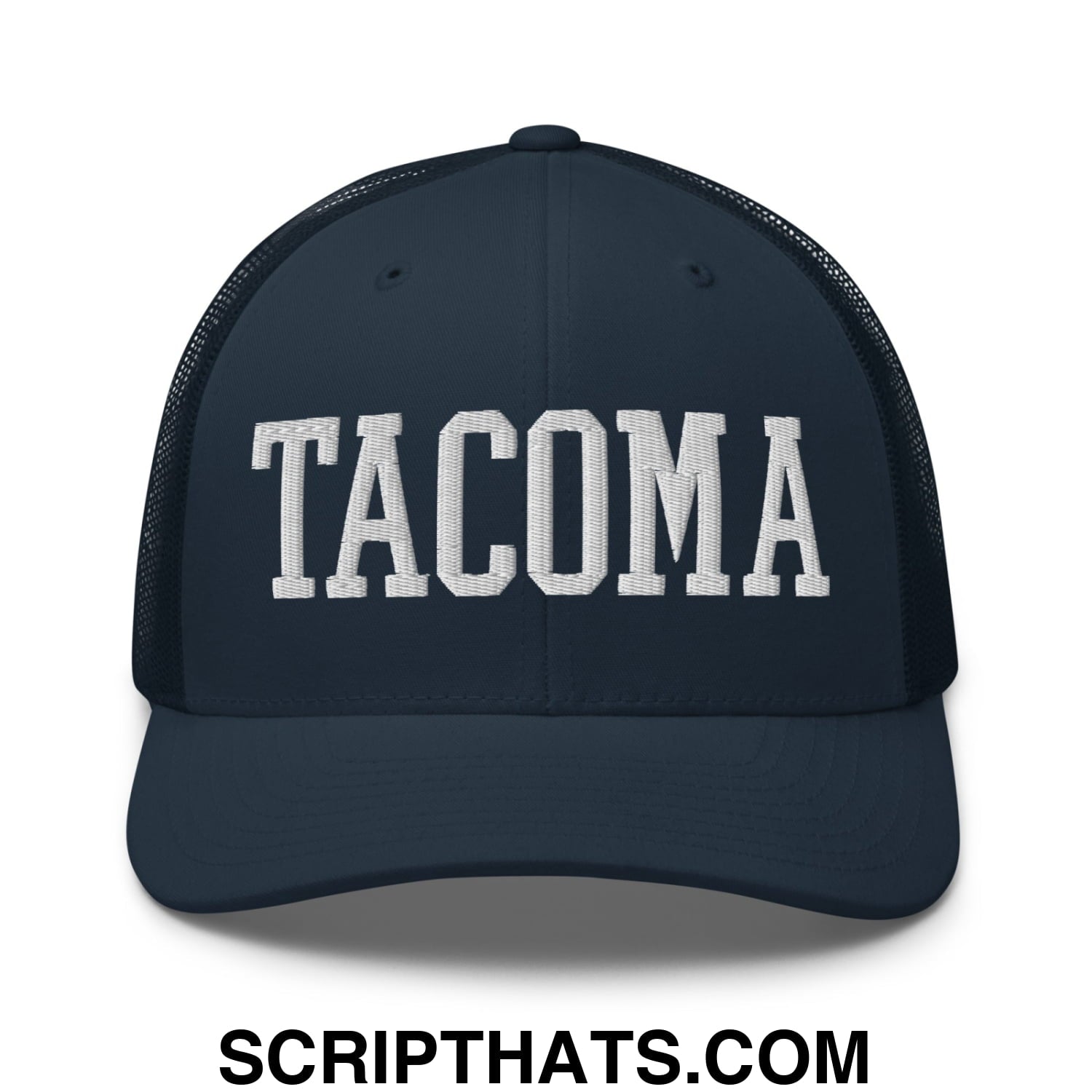Tacoma Varisty College Block Embroidered Mesh Trucker Hat Navy