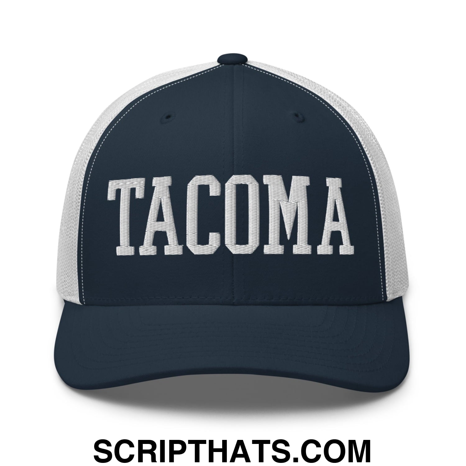 Tacoma Varisty College Block Embroidered Mesh Trucker Hat Navy White