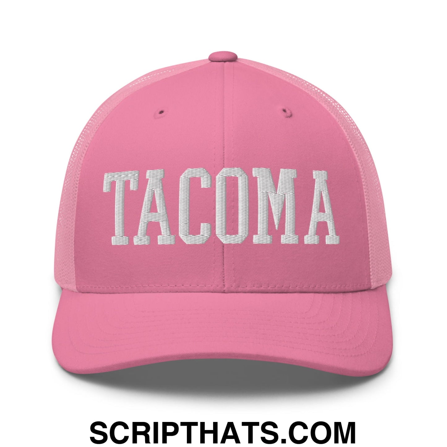 Tacoma Varisty College Block Embroidered Mesh Trucker Hat Pink