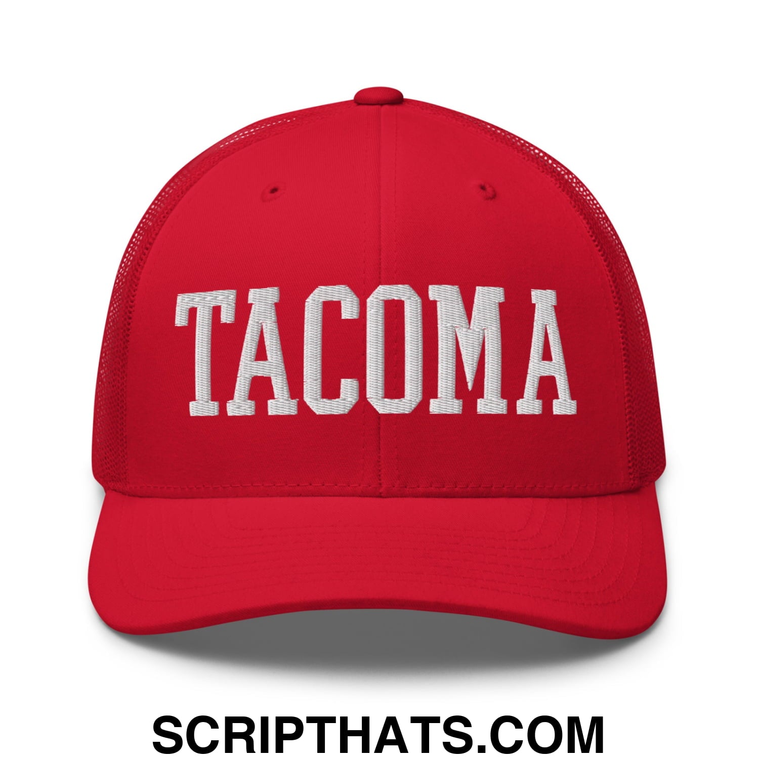 Tacoma Varisty College Block Embroidered Mesh Trucker Hat Red