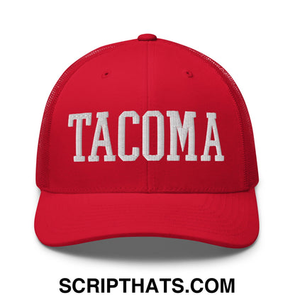 Tacoma Varisty College Block Embroidered Mesh Trucker Hat Red