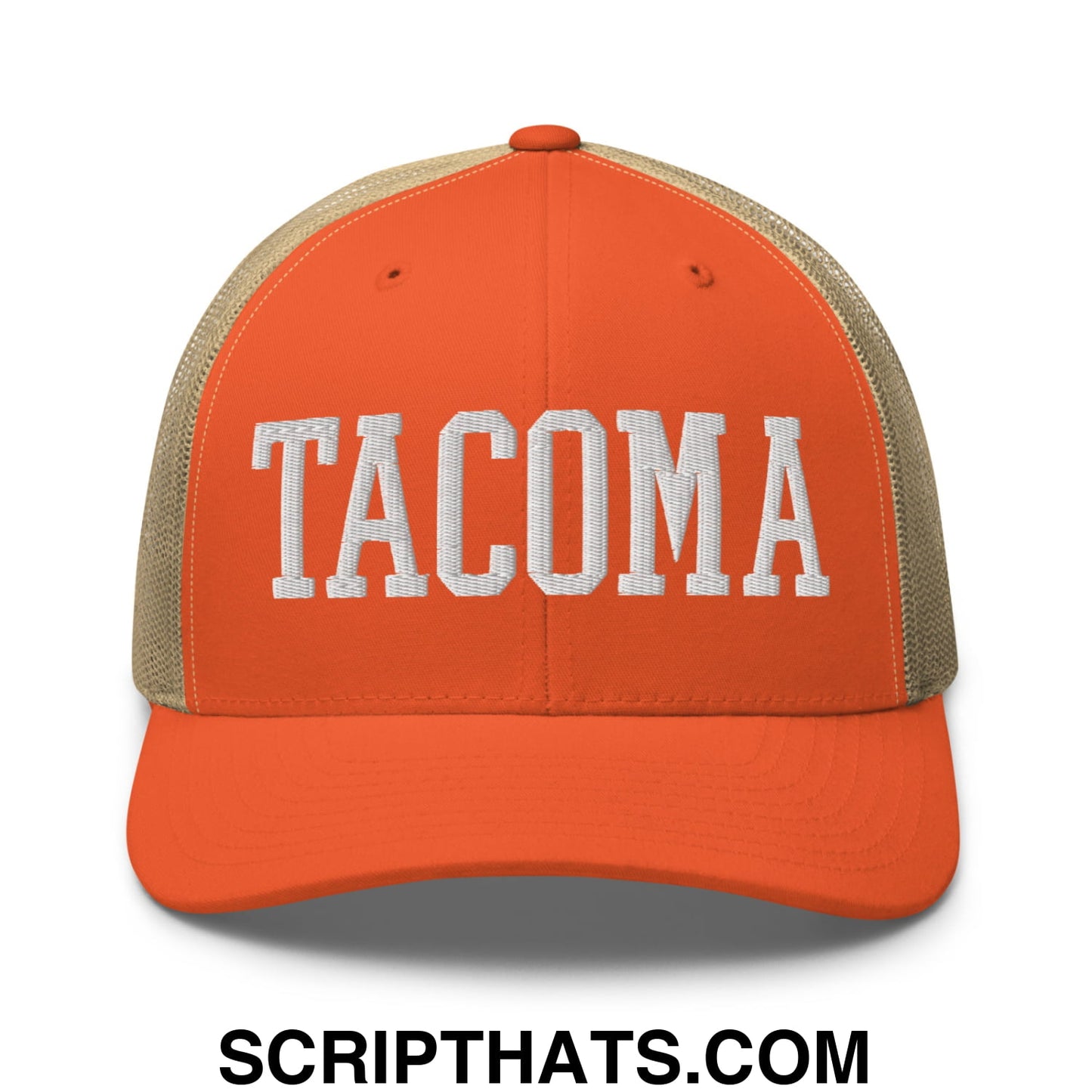 Tacoma Varisty College Block Embroidered Mesh Trucker Hat Rustic Orange Khaki
