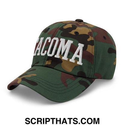 Tacoma Varisty College Block Embroidered Unstructured Dad Hat Green Camo