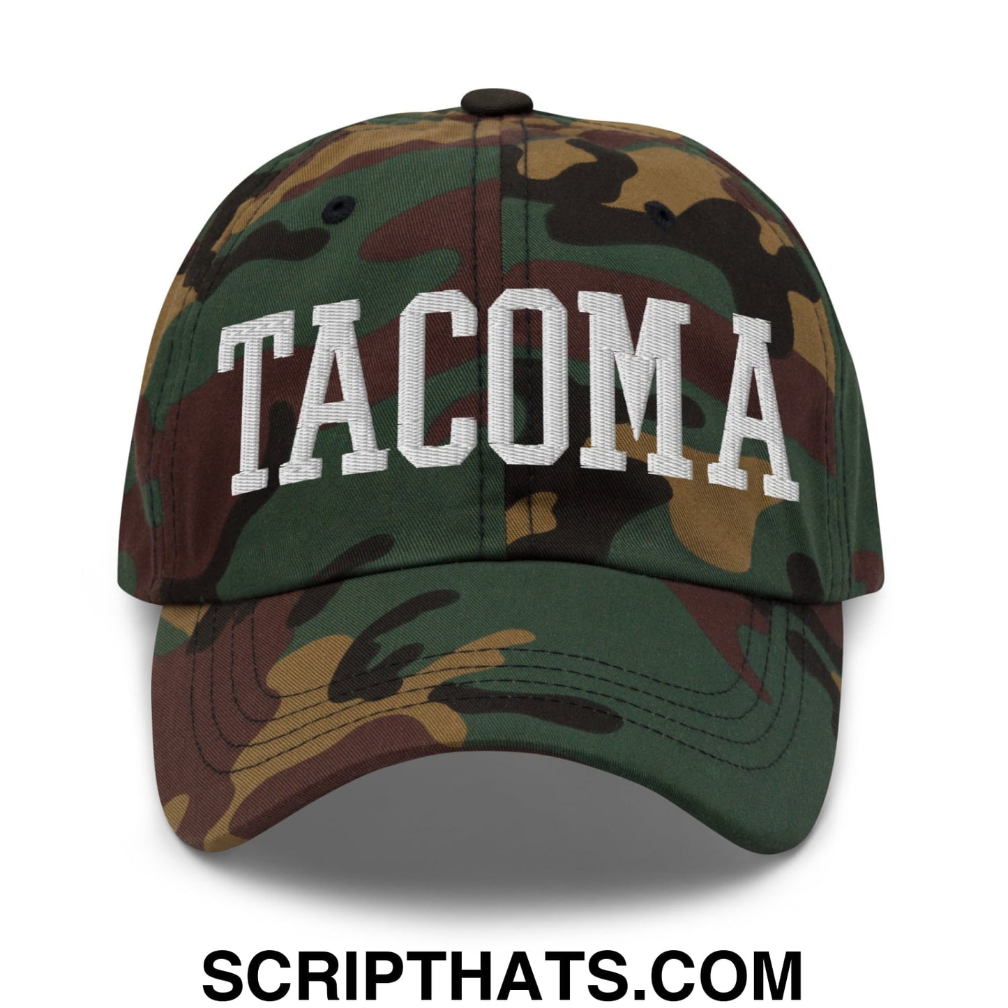 Tacoma Varisty College Block Embroidered Unstructured Dad Hat Green Camo