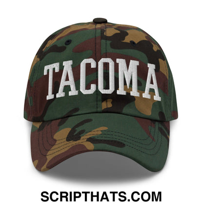 Tacoma Varisty College Block Embroidered Unstructured Dad Hat Green Camo
