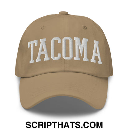 Tacoma Varisty College Block Embroidered Unstructured Dad Hat Khaki