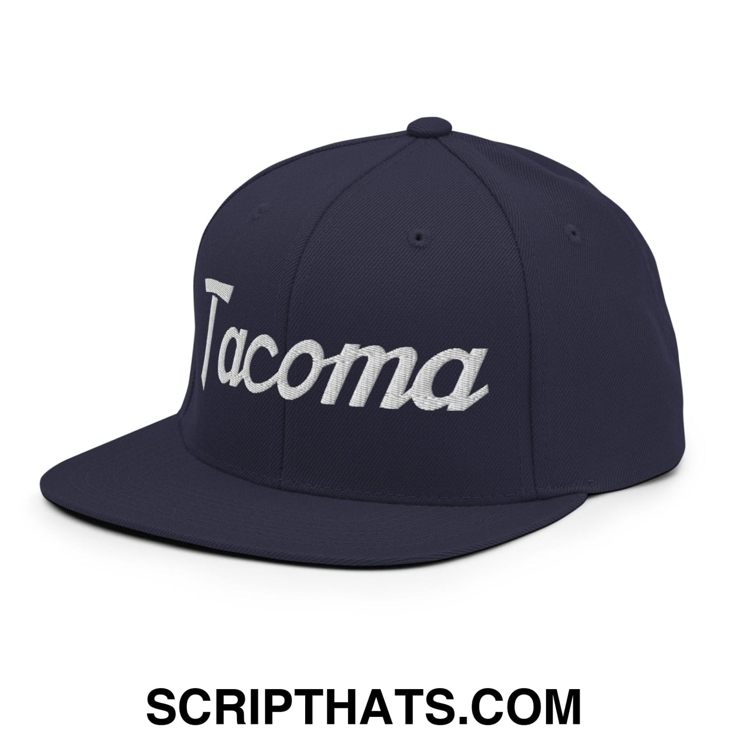 Tacoma Vintage Sports Script Embroidered Flat Bill Brim Snapback Hat Navy