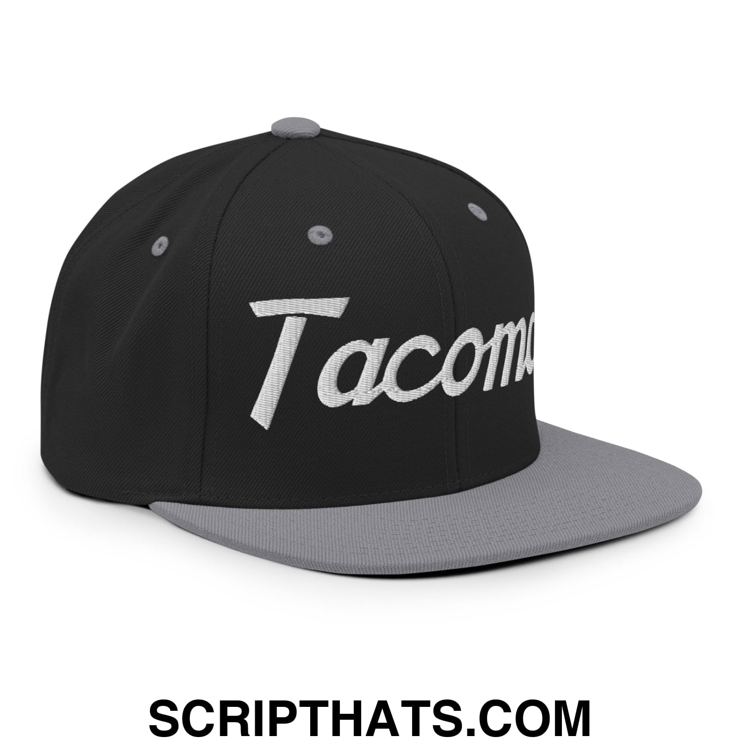 Tacoma Vintage Sports Script Embroidered Flat Bill Brim Snapback Hat Black Silver
