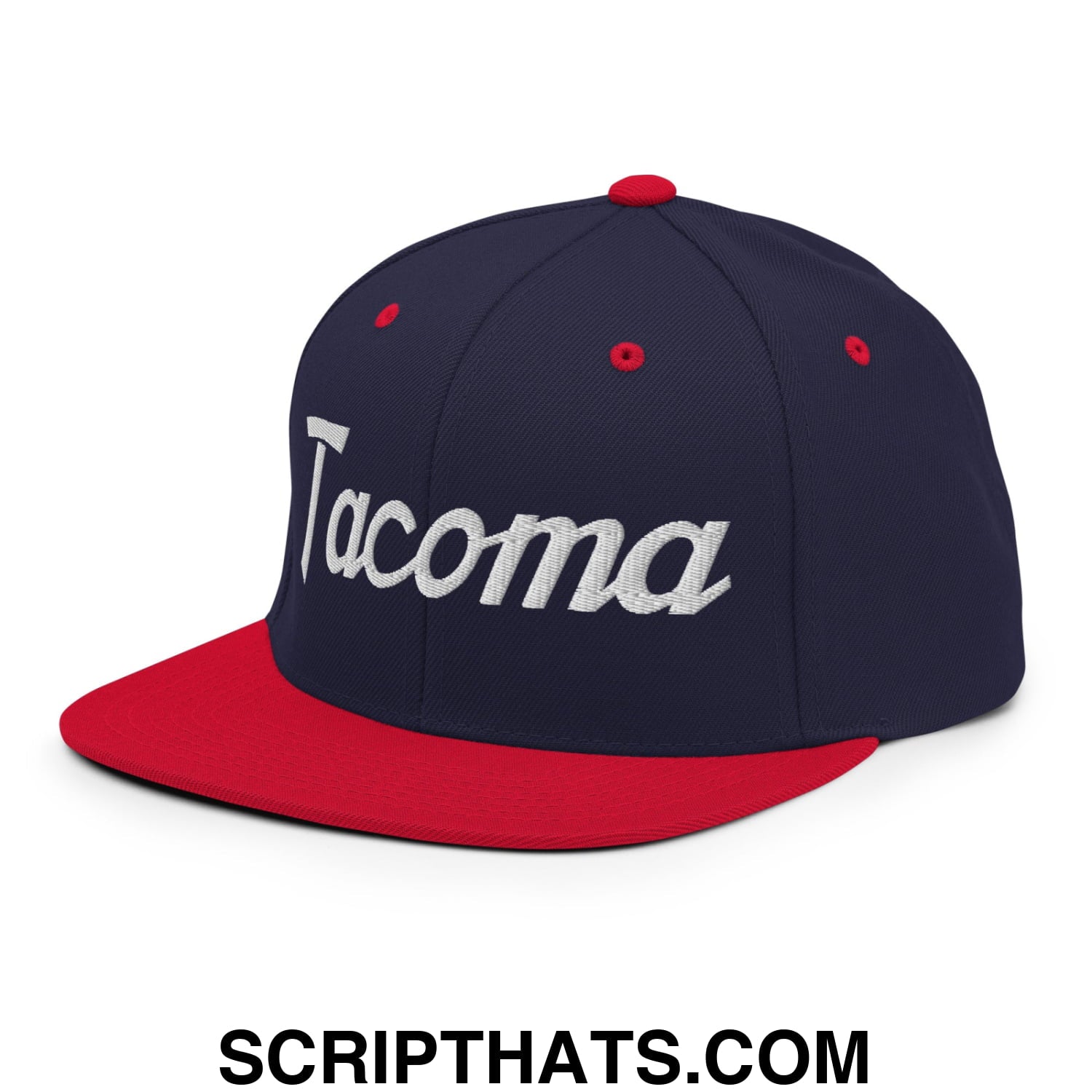 Tacoma Vintage Sports Script Embroidered Flat Bill Brim Snapback Hat Navy Red