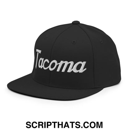 Tacoma Vintage Sports Script Embroidered Flat Bill Brim Snapback Hat Black