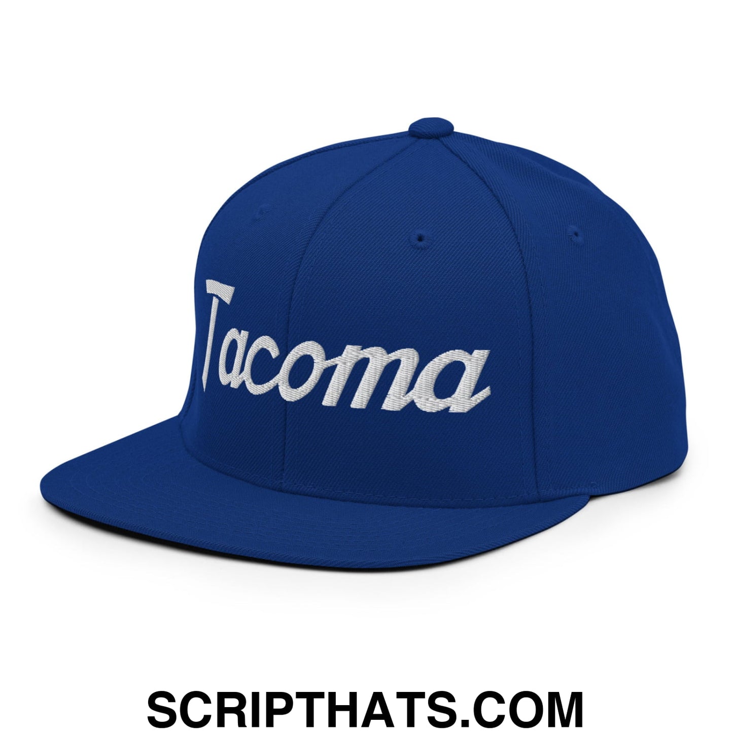 Tacoma Vintage Sports Script Embroidered Flat Bill Brim Snapback Hat Royal Blue