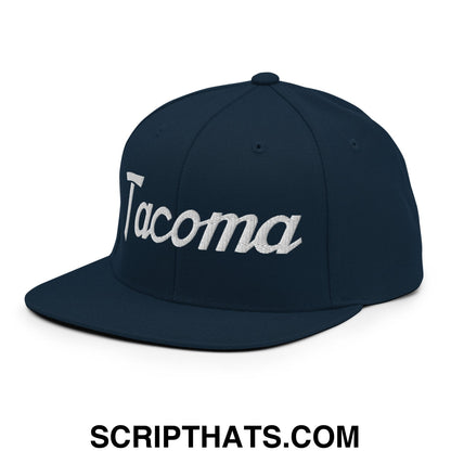 Tacoma Vintage Sports Script Embroidered Flat Bill Brim Snapback Hat Dark Navy
