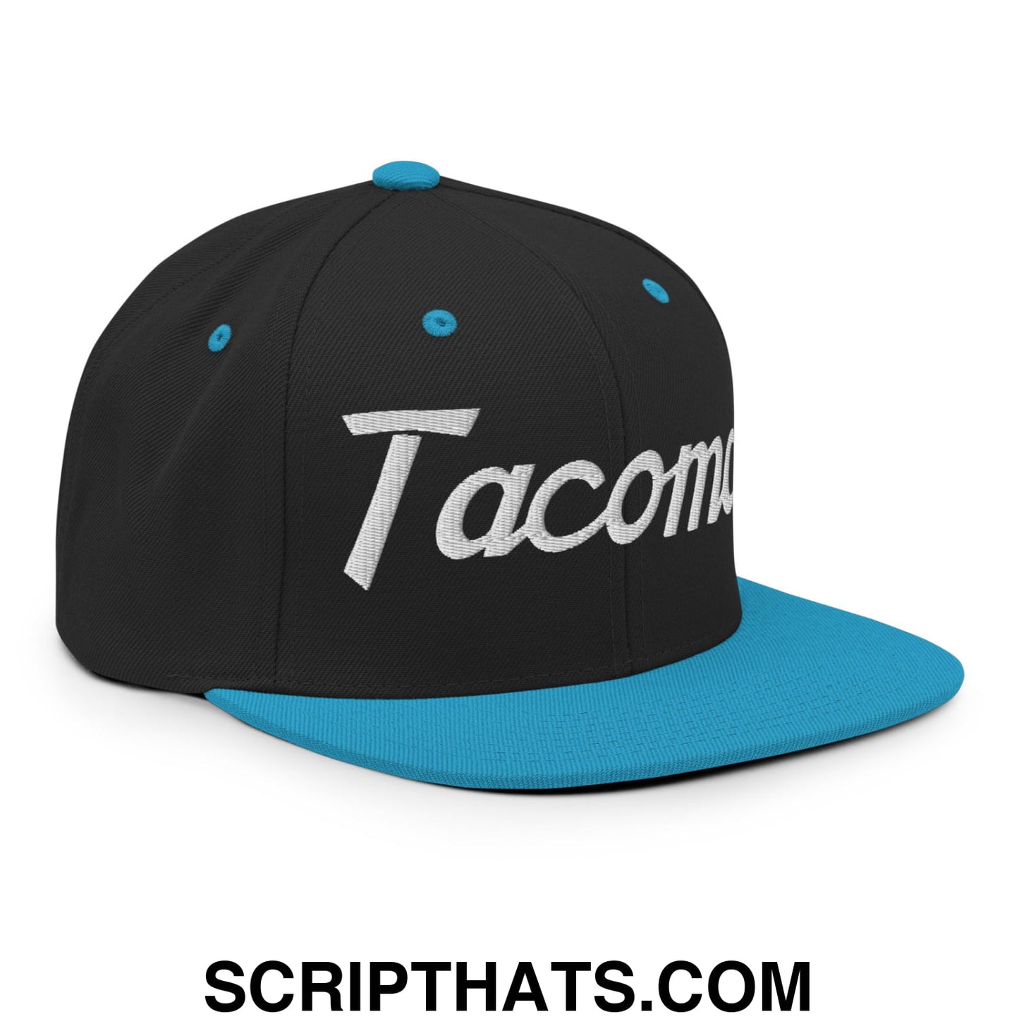 Tacoma Vintage Sports Script Embroidered Flat Bill Brim Snapback Hat Black Teal