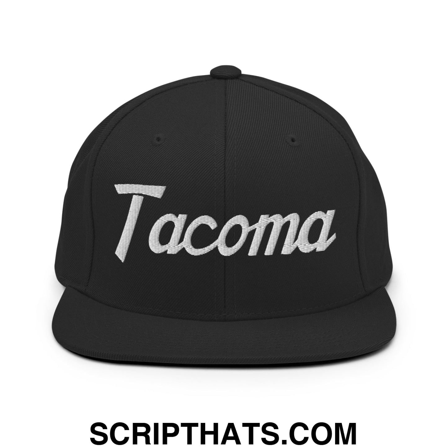 Tacoma Vintage Sports Script Embroidered Flat Bill Brim Snapback Hat Black