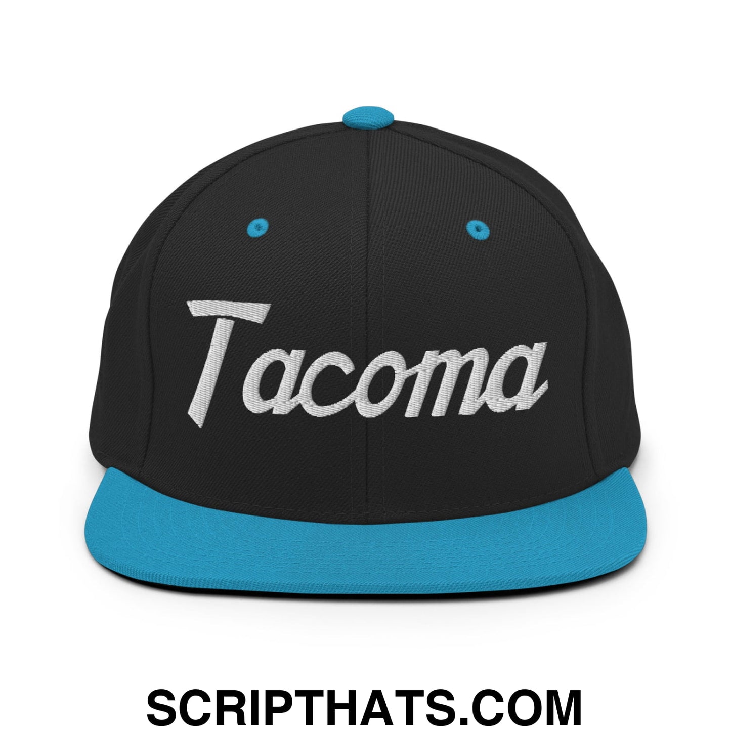 Tacoma Vintage Sports Script Embroidered Flat Bill Brim Snapback Hat Black Teal
