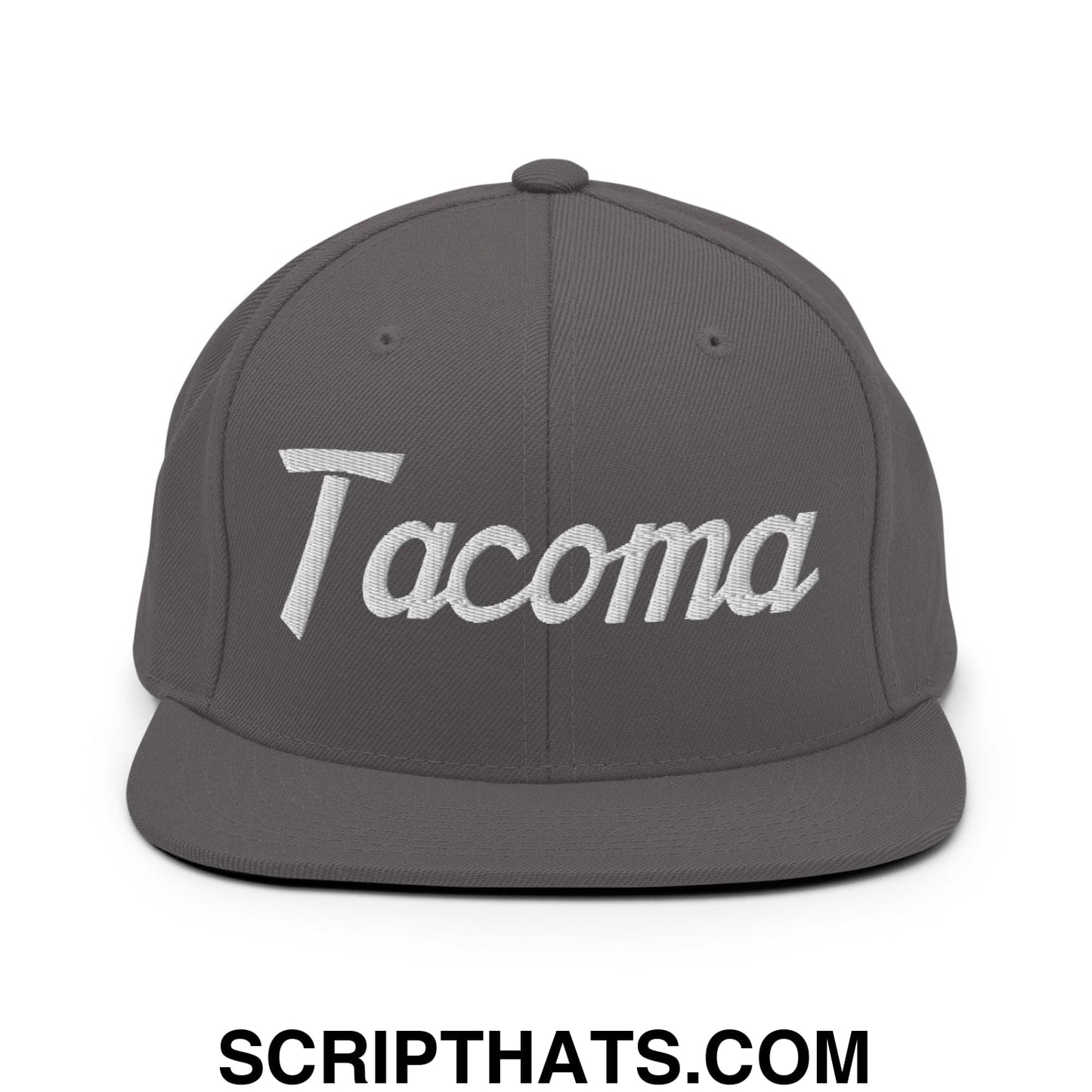 Tacoma Vintage Sports Script Embroidered Flat Bill Brim Snapback Hat Dark Grey