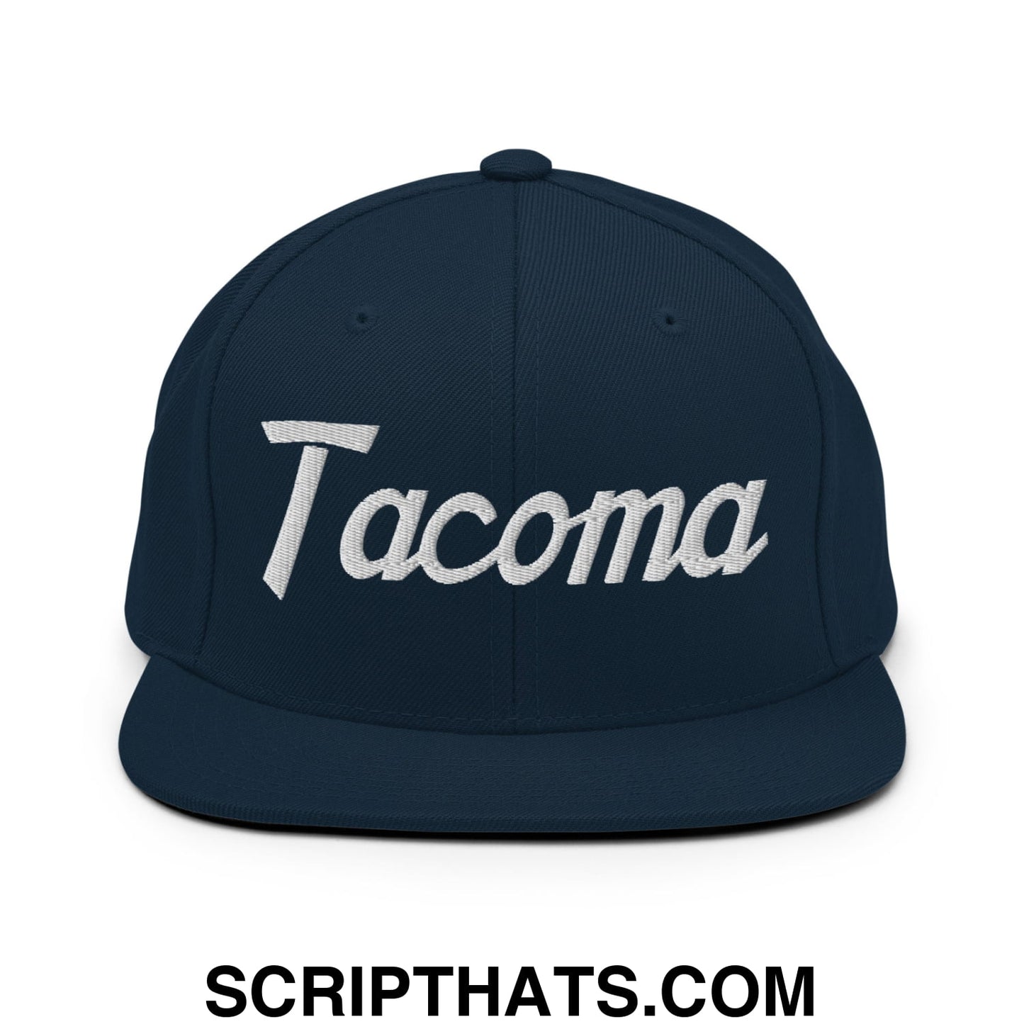 Tacoma Vintage Sports Script Embroidered Flat Bill Brim Snapback Hat Dark Navy