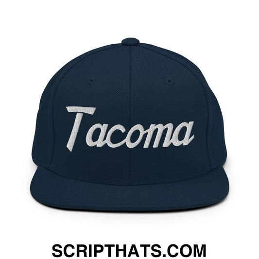 Tacoma Vintage Sports Script Embroidered Flat Bill Brim Snapback Hat Dark Navy