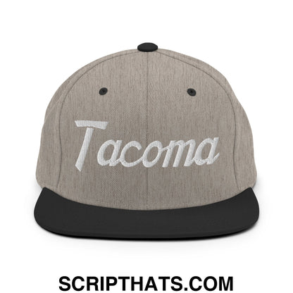 Tacoma Vintage Sports Script Embroidered Flat Bill Brim Snapback Hat Heather Black
