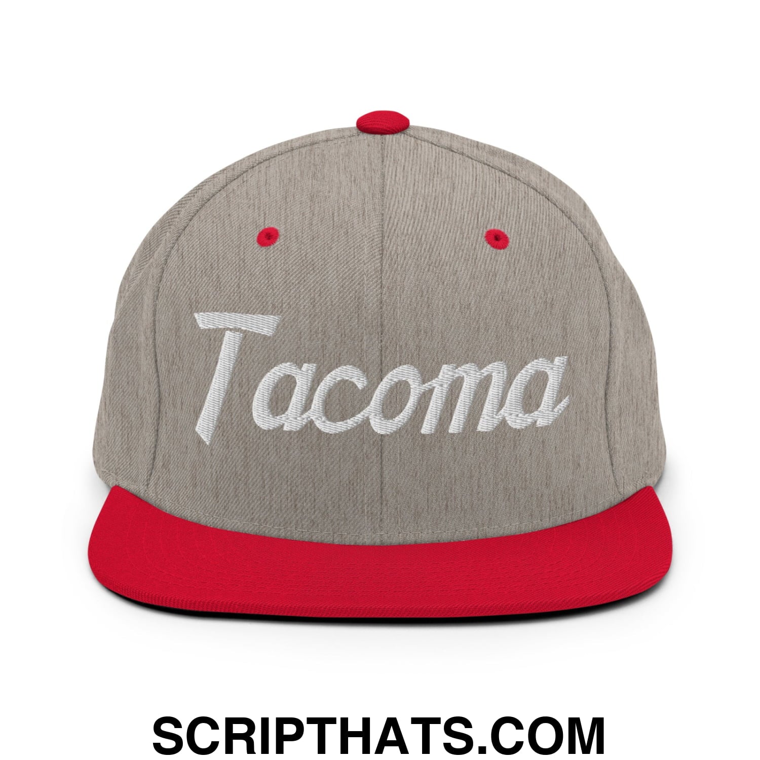 Tacoma Vintage Sports Script Embroidered Flat Bill Brim Snapback Hat Heather Grey Red