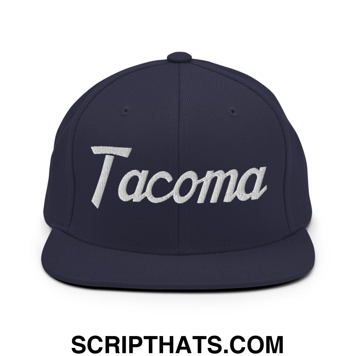 Tacoma Vintage Sports Script Embroidered Flat Bill Brim Snapback Hat Navy