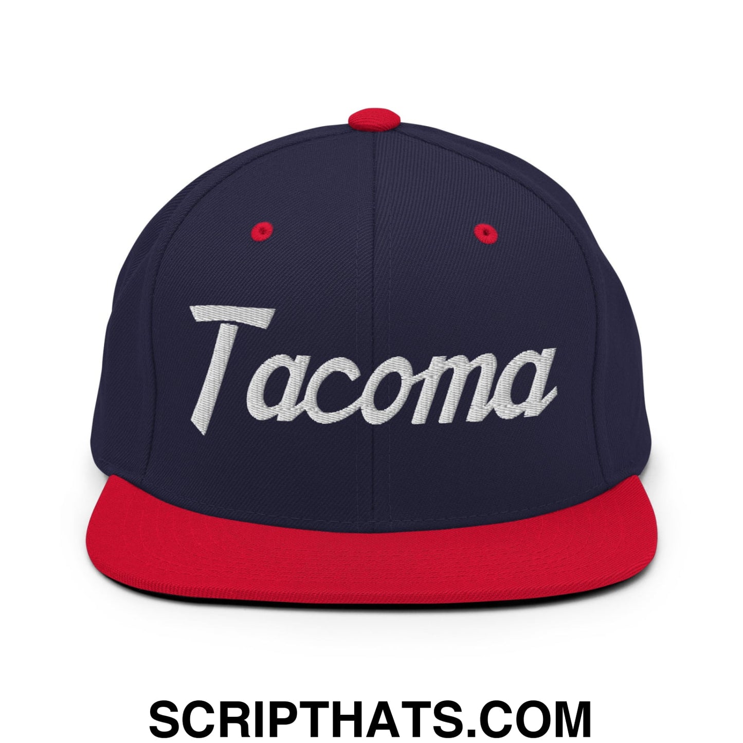 Tacoma Vintage Sports Script Embroidered Flat Bill Brim Snapback Hat Navy Red