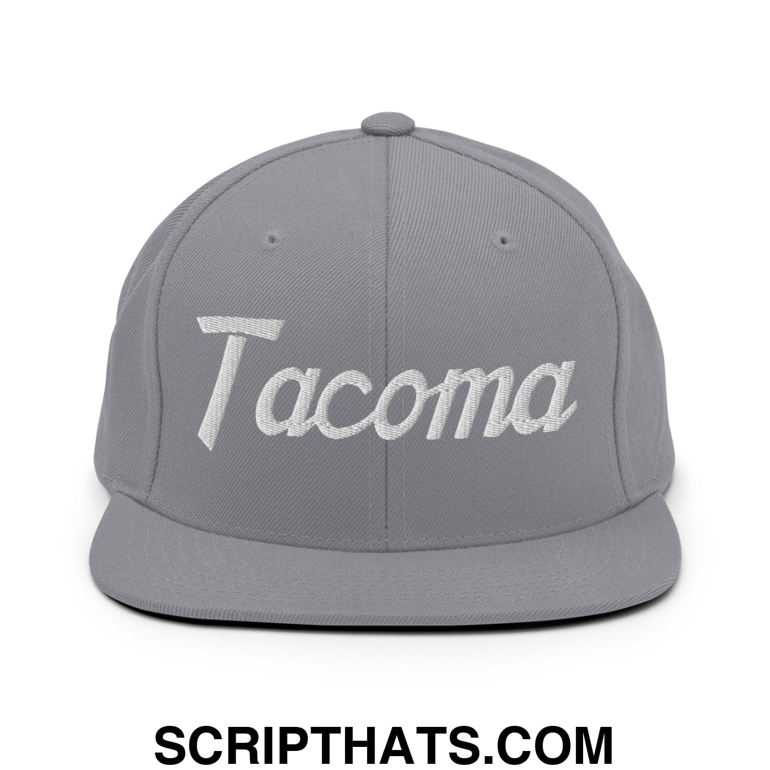 Tacoma Vintage Sports Script Embroidered Flat Bill Brim Snapback Hat Silver