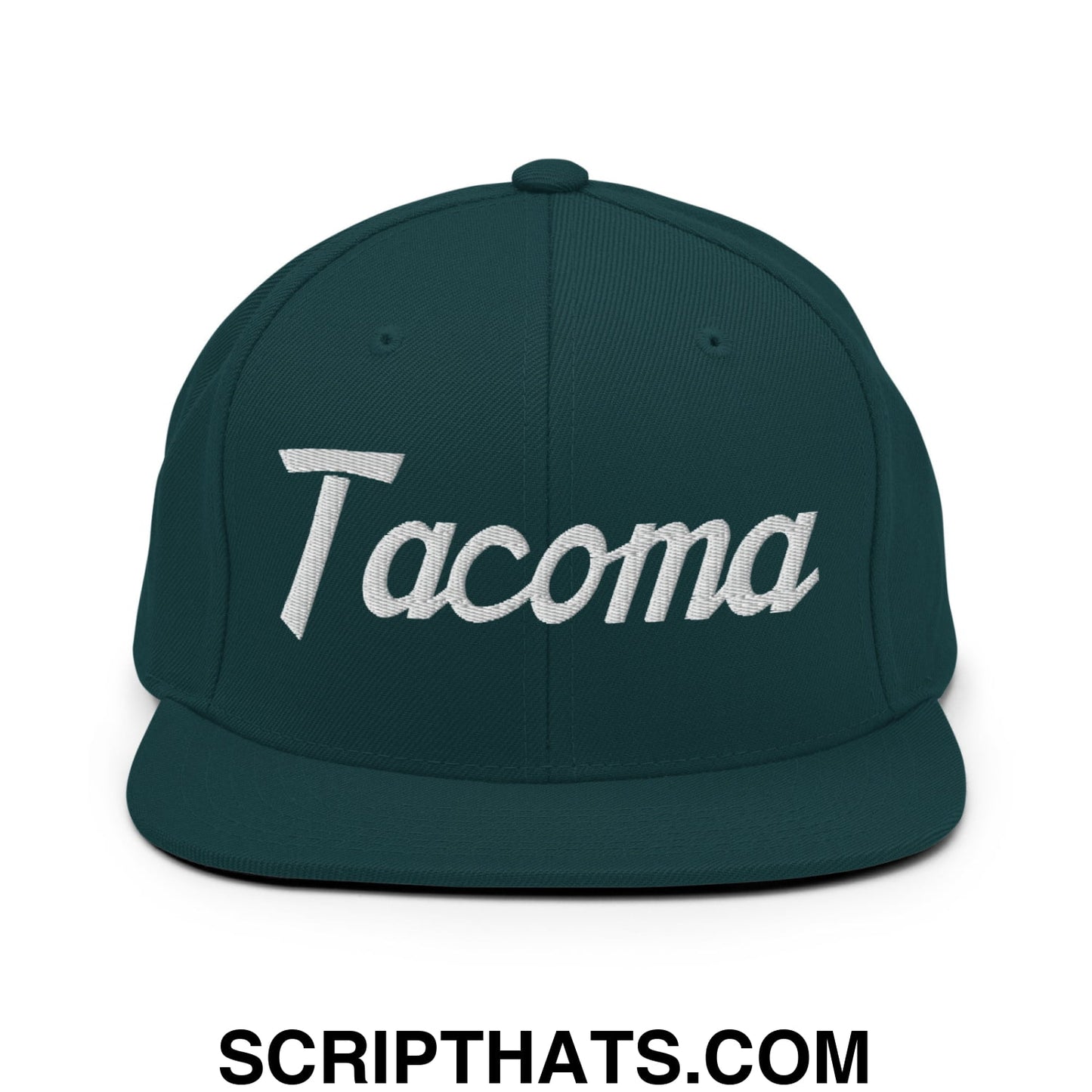 Tacoma Vintage Sports Script Embroidered Flat Bill Brim Snapback Hat Spruce