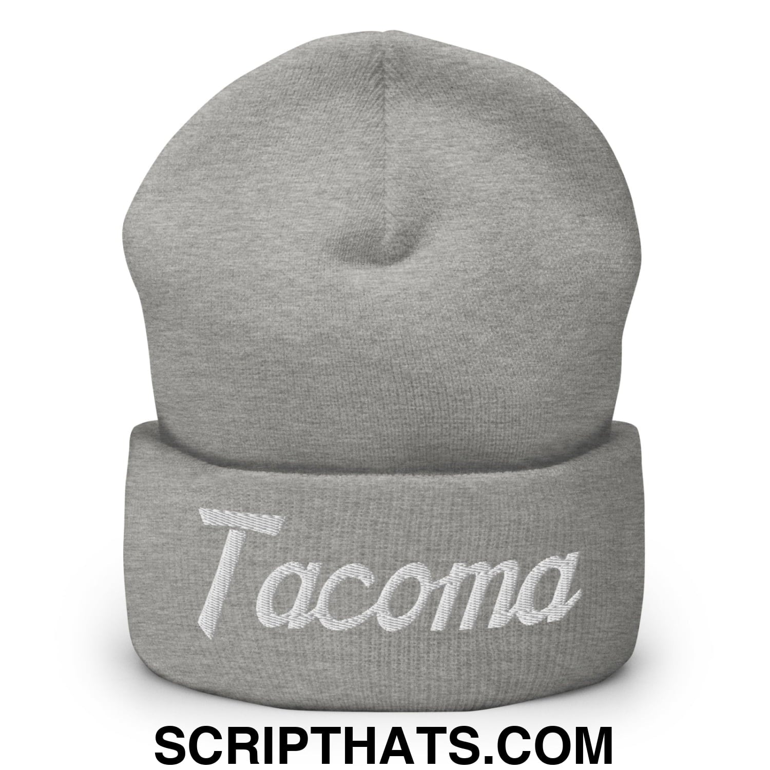 Tacoma Vintage Sports Script Embroidered Knit Cuffed Beanie Heather Grey