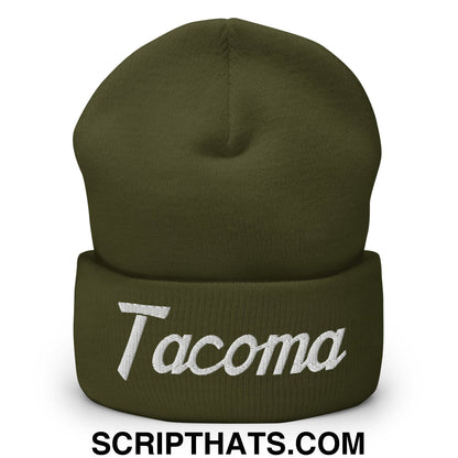 Tacoma Vintage Sports Script Embroidered Knit Cuffed Beanie Olive