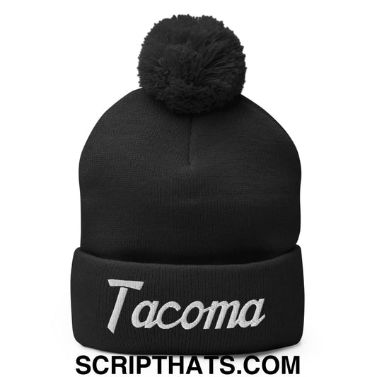 Tacoma Vintage Sports Script Embroidered Knit Pom Pom Beanie Black