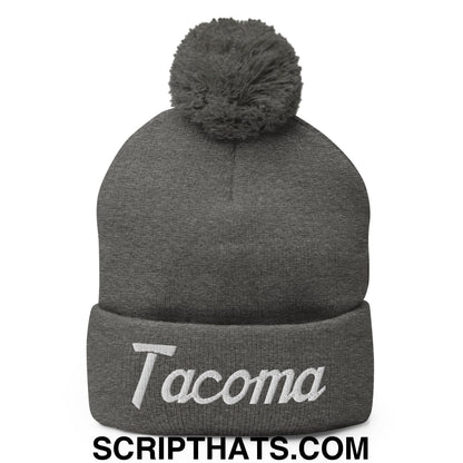 Tacoma Vintage Sports Script Embroidered Knit Pom Pom Beanie Dark Heather Grey