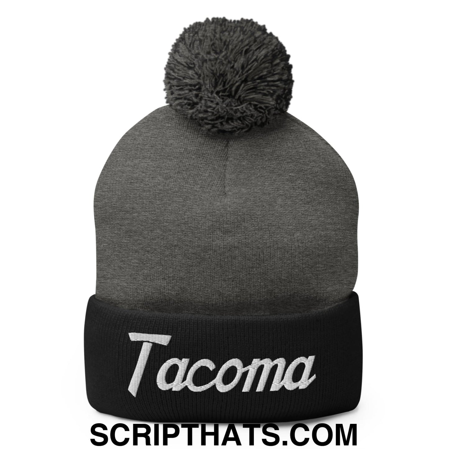 Tacoma Vintage Sports Script Embroidered Knit Pom Pom Beanie Dark Heather Grey Black