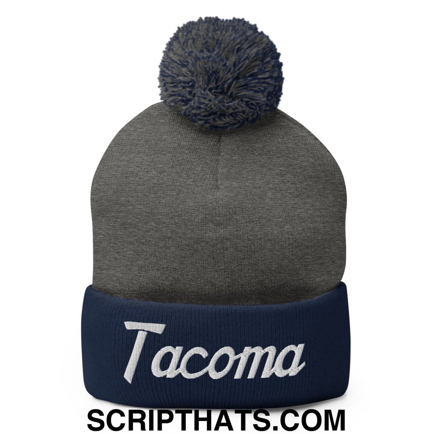 Tacoma Vintage Sports Script Embroidered Knit Pom Pom Beanie Dark Heather Grey Navy