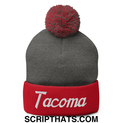Tacoma Vintage Sports Script Embroidered Knit Pom Pom Beanie Dark Heather Grey Red