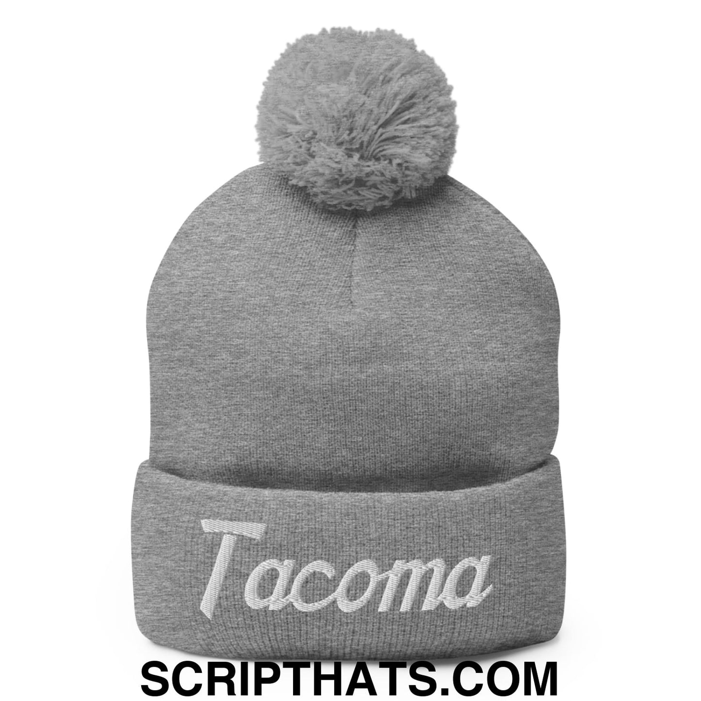 Tacoma Vintage Sports Script Embroidered Knit Pom Pom Beanie Heather Grey