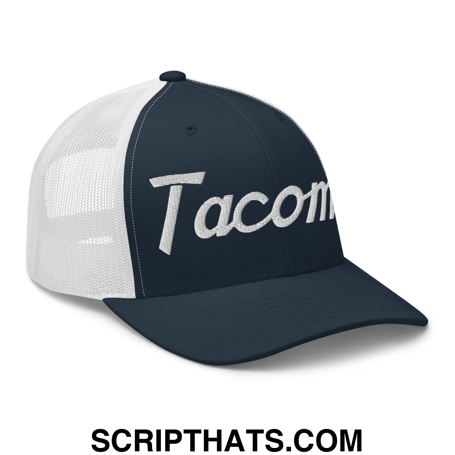 Tacoma Vintage Sports Script Embroidered Mesh Trucker Hat Navy White