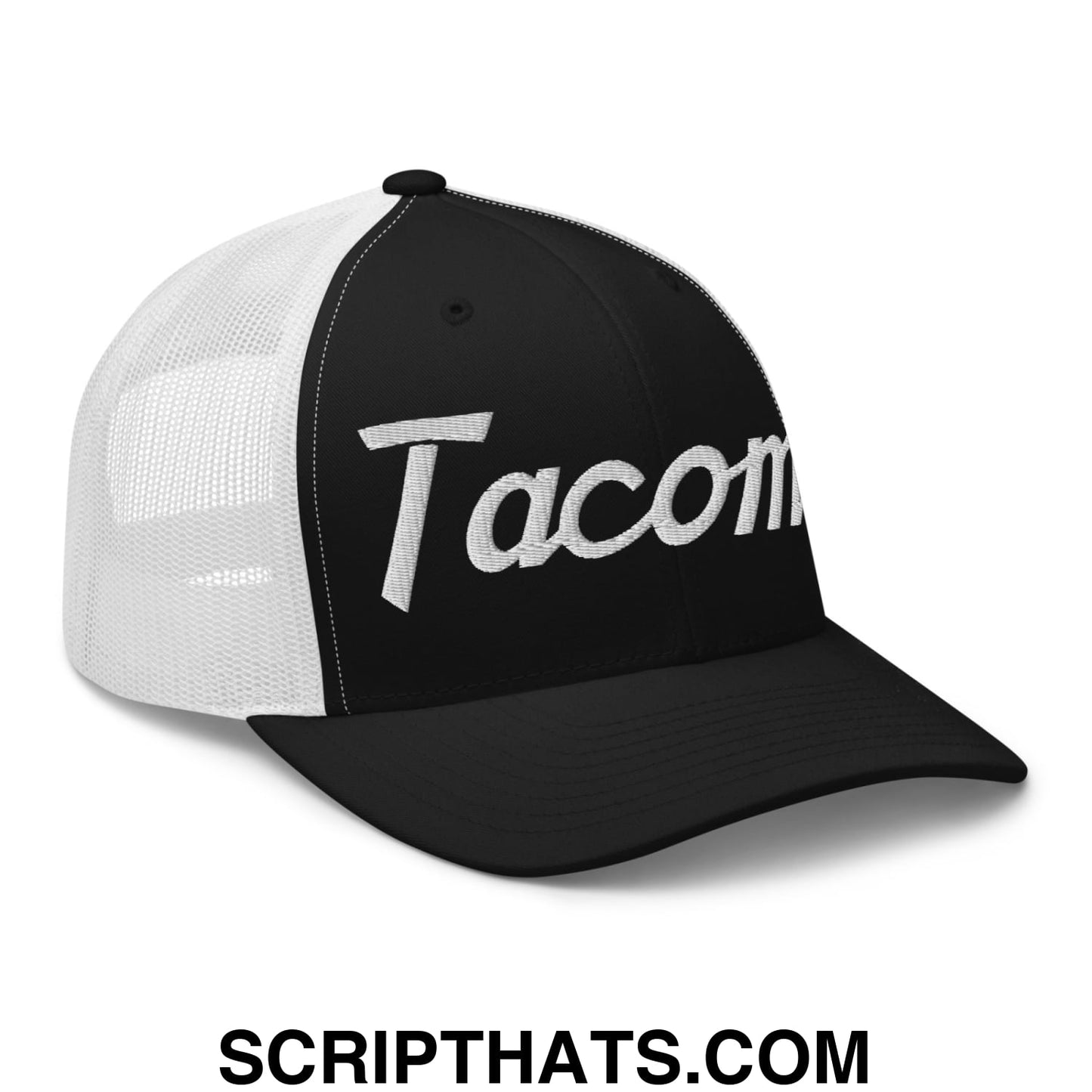 Tacoma Vintage Sports Script Embroidered Mesh Trucker Hat Black White