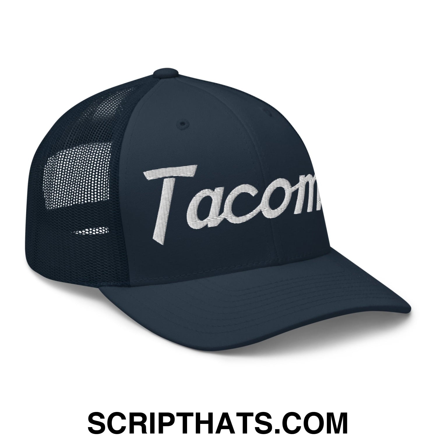 Tacoma Vintage Sports Script Embroidered Mesh Trucker Hat Navy