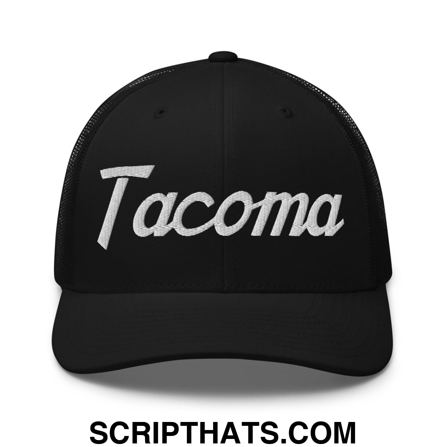 Tacoma Vintage Sports Script Embroidered Mesh Trucker Hat Black